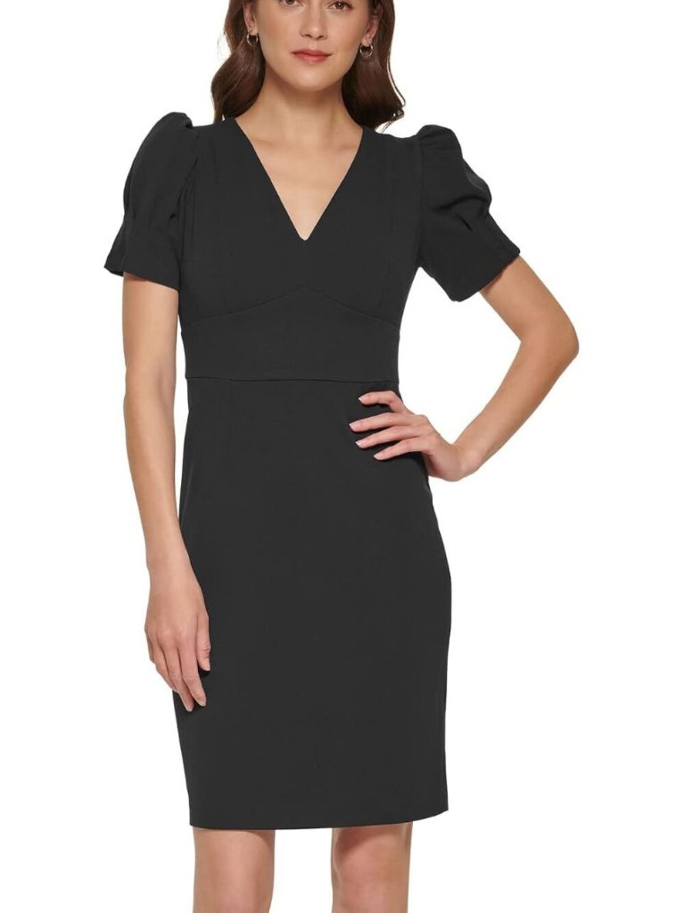 NWT DKNY Black Faux Leather V-Neck Puff Sleeve Dress